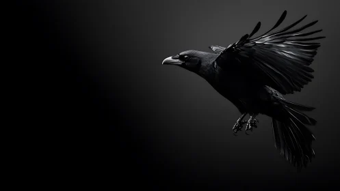 Corvid Specimen in Flight Against Neutral Gray Background.