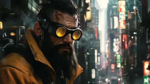 Bearded cyberpunk mercenary scans neon alley with caution