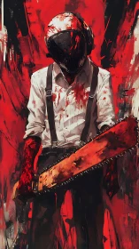 Mysterious masked figure holding a chainsaw in vivid red storm.