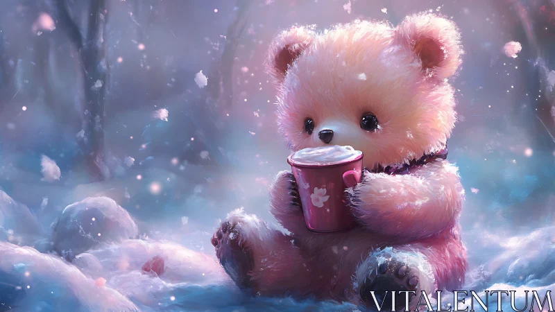 Fluffy winter bear cuddling cocoa in a dreamy snowfall.