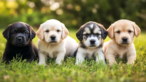 Four young puppies lying on grass in outdoor daylight setting.