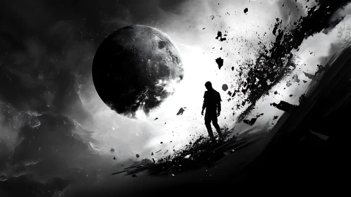Silhouetted wanderer strides through a shattering lunar void