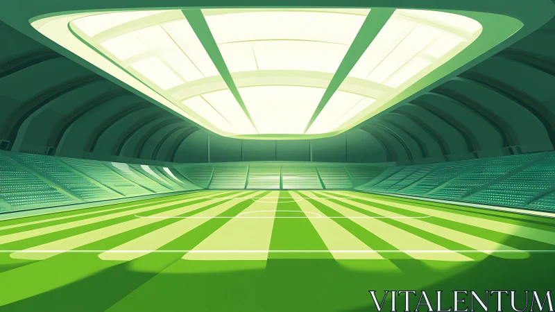 Indoor football stadium with bright roof lighting structure.