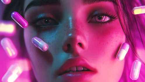 Neon-lit female face confronts floating capsules in silence.