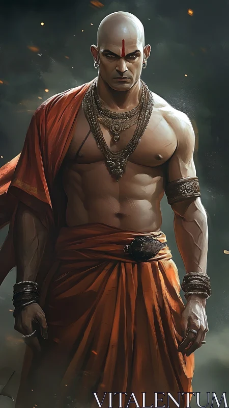 Fierce monk warrior in emberswept saffron battle calm.