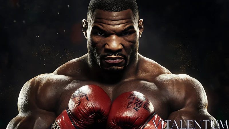 Professional boxer in red gloves displays muscular physique against dark background.