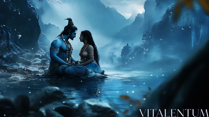 Divine blue couple in moonlit river valley with misty peaks.