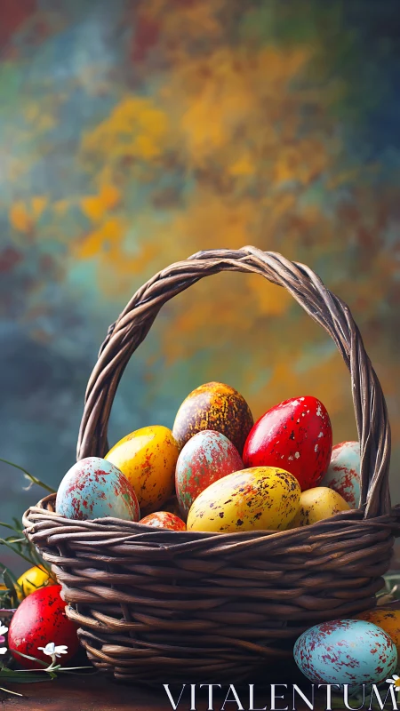 Colorful speckled Easter eggs fill rustic wicker basket.