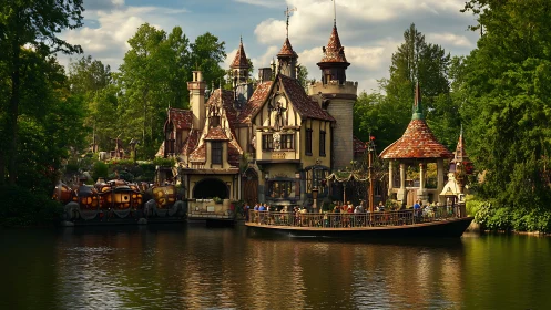 Lakeside fantasy villa with storybook turrets and passenger barge.