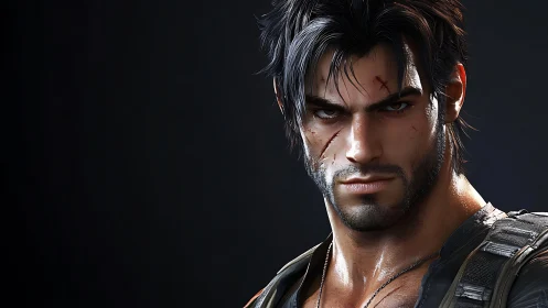 Battle-scarred digital warrior portrait on dark background.