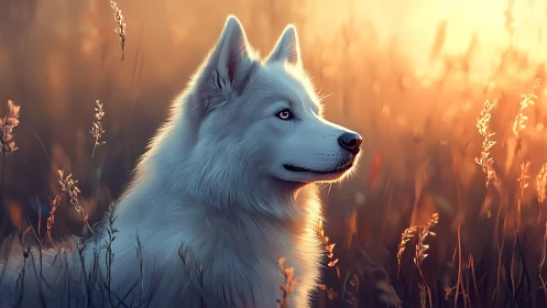 Backlit white dog rendered with soft-focus depth and warm bokeh field