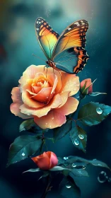 Iridescent butterfly poised on dewy peach rose bloom.