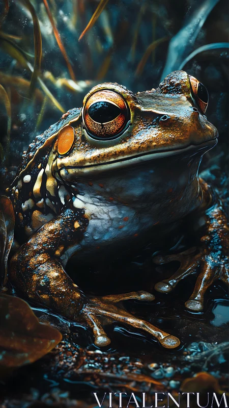 Macro-rendered amphibian portrait with luminous ocular detail.