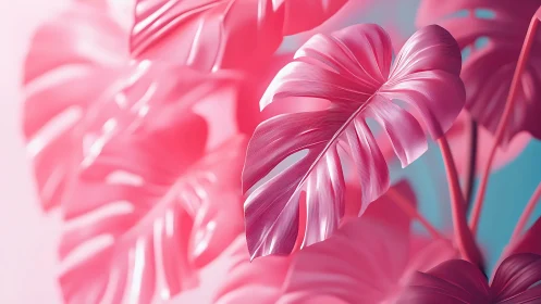 Pink monstera leaves in dreamy soft-focus digital art.