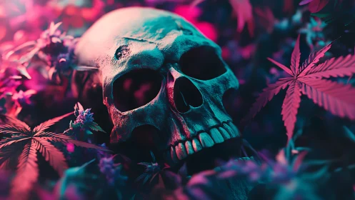 Luminous skull amid neon cannabis leaves in dark undergrowth.
