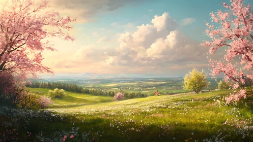 Spring valley panorama beneath luminous drifting clouds.