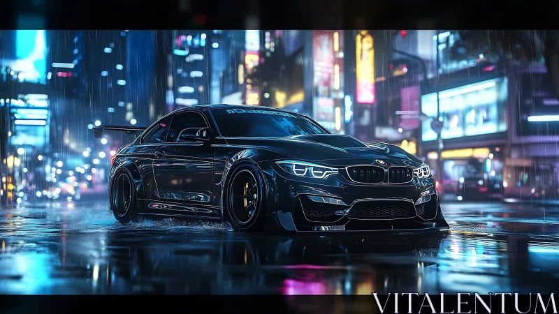 Widebody BMW coupe cuts through neon rain-soaked streets.
