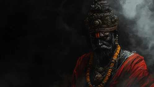Dark robed holy man in ornate crown against smoky void.