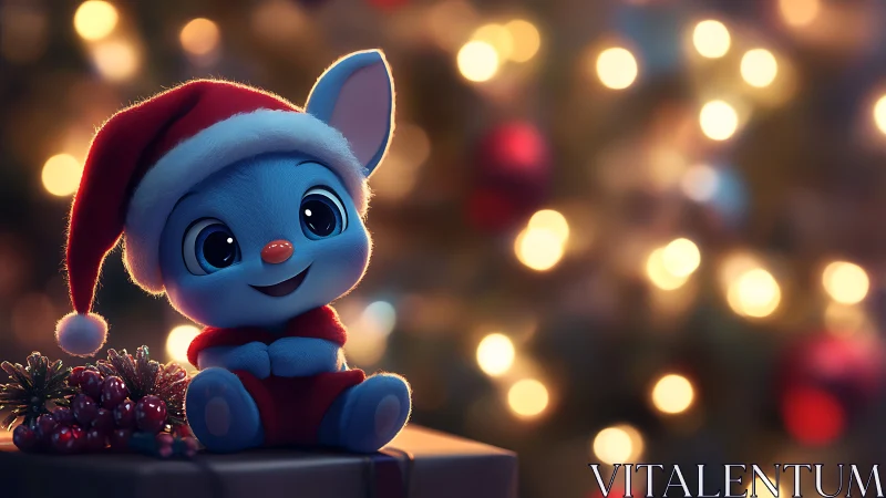 Blue cartoon bunny in Santa hat sits before Christmas lights