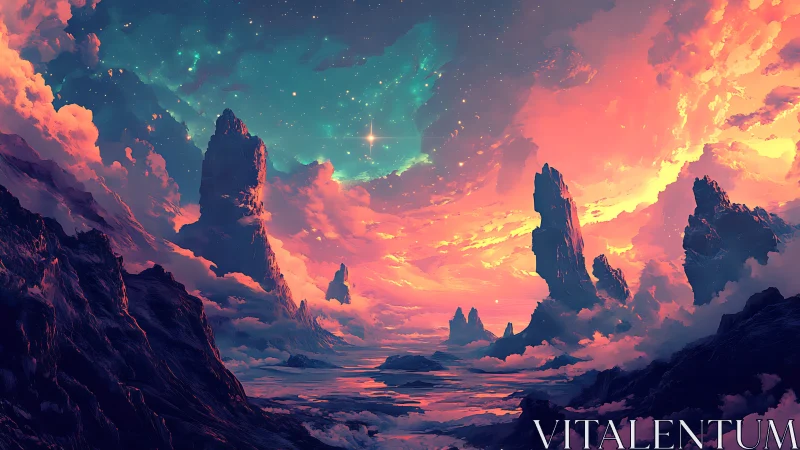 Stellar desert spires glow under teal cosmic sky.