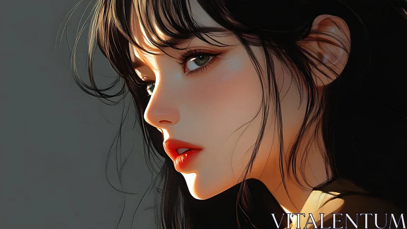 Side profile portrait shows stylized young woman in light