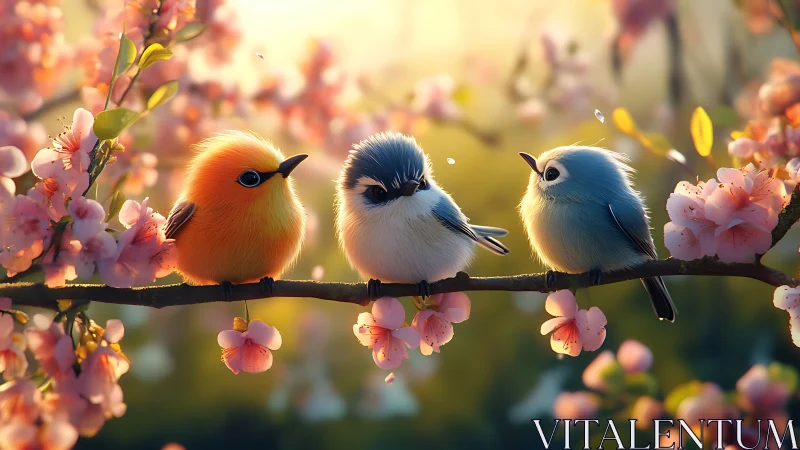 Three Colorful Birds on Blossom Branch, Soft Pastel Spring Art.