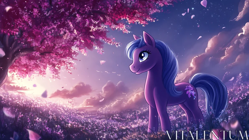 Purple pony gazes at a glowing sunset in a blossom field