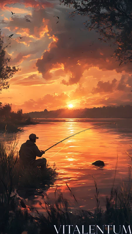 Solitary angler waits quietly beside a vivid sunset lake.