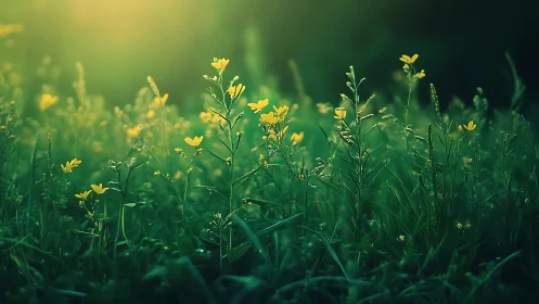Soft sunlight lingers over wild yellow flowers at dusk
