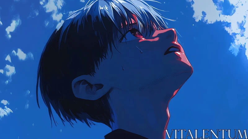 Melancholic anime boy gazes upward into a blazing blue sky.