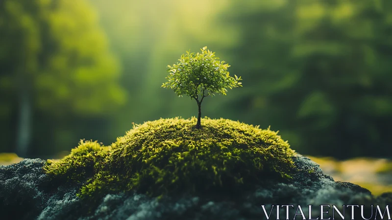 Small tree on mossy rock in soft sunlight, nature photography style.