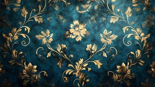 Baroque floral damask with metallic gold filigree on teal ground