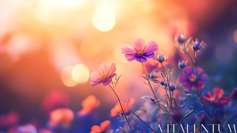 Pink cosmos flowers against glowing sunset bokeh sky.