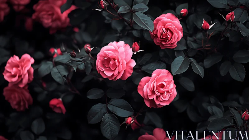 Pink Garden Roses Against Dark Foliage: Layered Depth Study