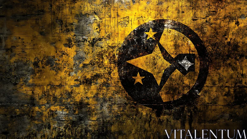 Grunge texture surrounds circular star emblem on wall