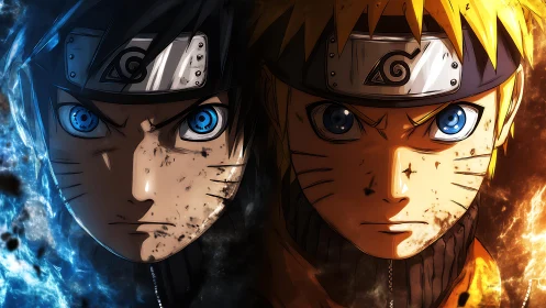 Dual anime portrait contrasts elemental blue and orange light