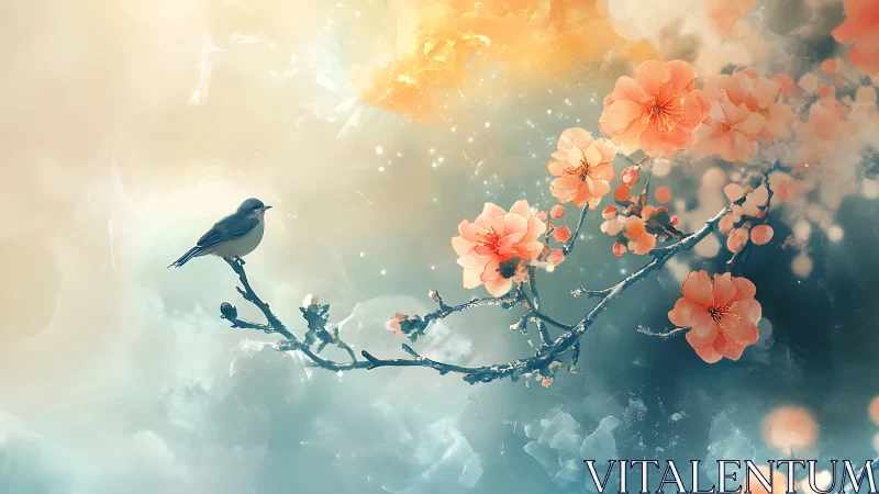 Songbird rests on blooming branch in dreamy spring light