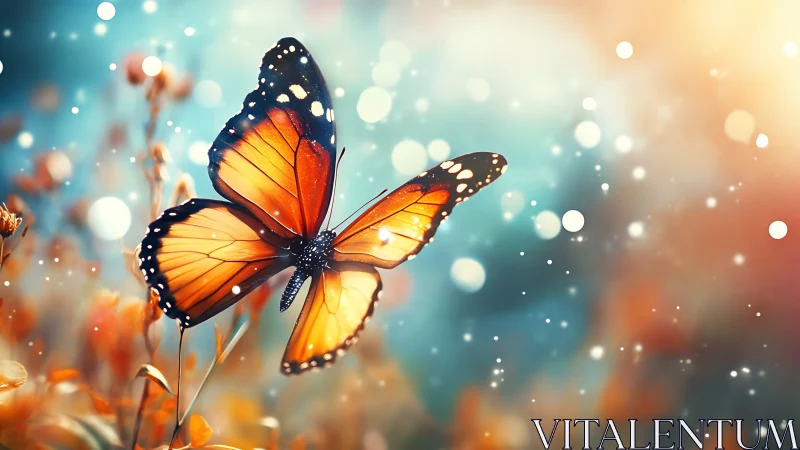 Monarch butterfly glows in dreamy bokeh garden light