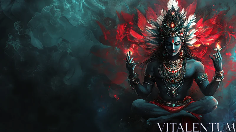 Luminescent deity in meditative suspension amid chromatic plumes.