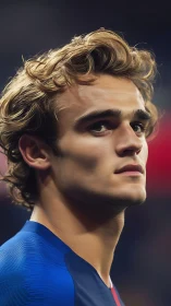 Focused soccer player gazes upward under stadium lights.