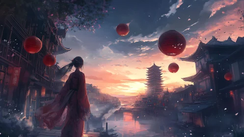 Solitary figure observing lanterns over sunset canal town.