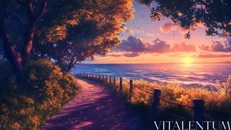 Sunlit coastal path beside calm sea at vivid sunset.