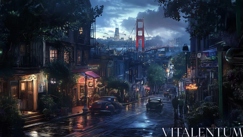 Rainy city street descending toward red suspension bridge.