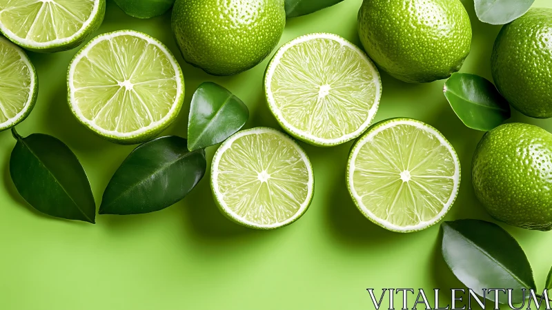 Fresh lime halves rest on vivid green backdrop in bright light