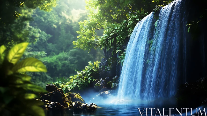 Lush forest waterfall pouring into calm blue pool.