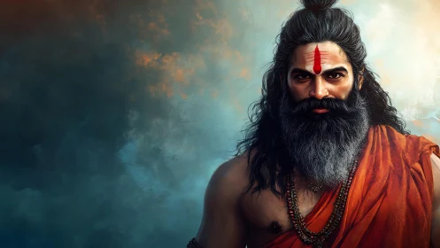 Stoic Hindu sage stands against a storm-lit celestial sky