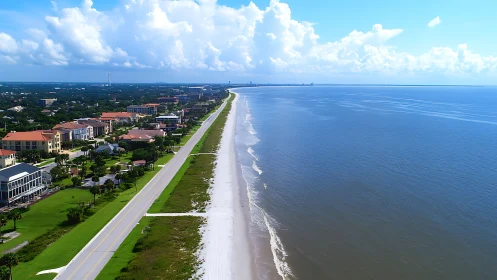 Aerial coastal boulevard with linear beachfront composition.