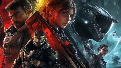 Futuristic armed characters in split warm and cool tones.