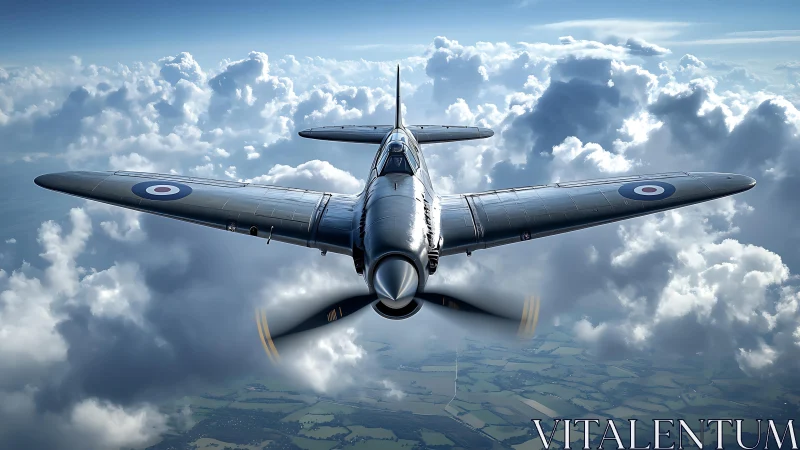 Photorealistic WWII fighter aircraft rendered in dynamic cloudscape