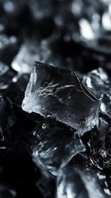 Close-up ice cube rests on dark, glossy frozen fragments